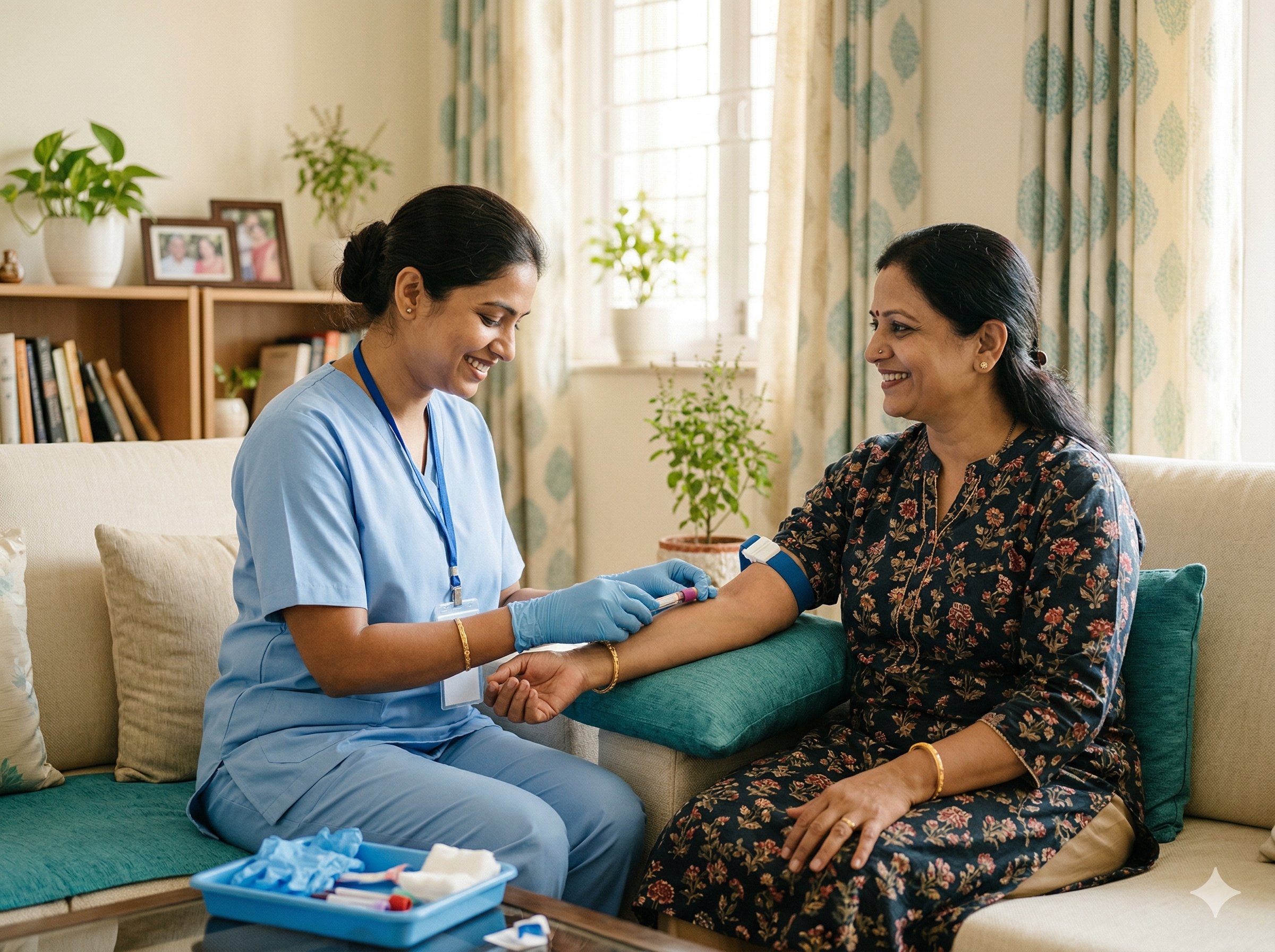 Indian phlebotomist collecting blood sample at home in Mansarovar